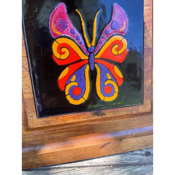 Vintage MCM Teak Wood Style Footed Tray Trivet Tile Butterfly - Picture 7 of 14